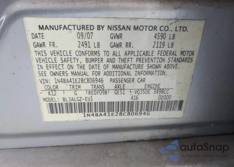 2008 Nissan Maxima 3.5 Sl z USA, uszkodzony, nr VIN 1N4BA41E28C806946